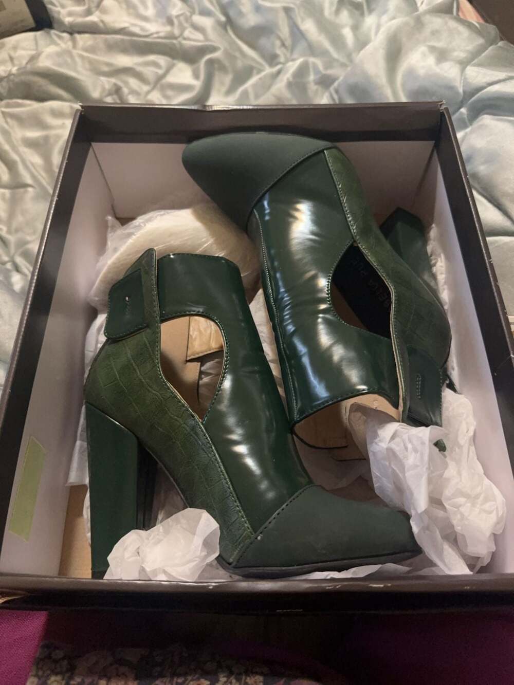Izabella Rue Green Cutout Block Heel Ankle Boots